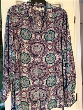 Foxcroft Paisley Medallion Button-Down Shirt — Teal & Purple & White